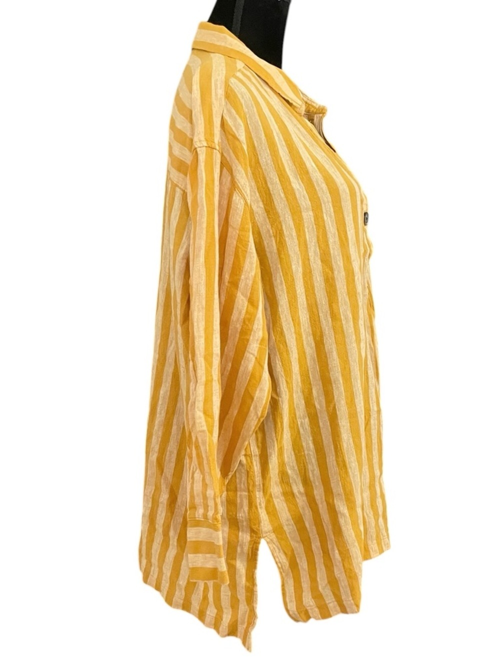 Old Navy Linen Blend Popover Tunic Top Mustard Stripe Relaxed Fit Shirt Coastal - Picture 2 of 5